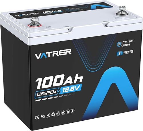 12V 100Ah Group 24 Lithium Deep Cycle Battery, 100A BMS Rechargeable LiFePO4 by VATRERPOWER