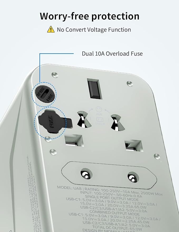 MOMAX Universal Travel Adapter, GaN 70W International Power Adapter, 3 USB-C PD - Image 8