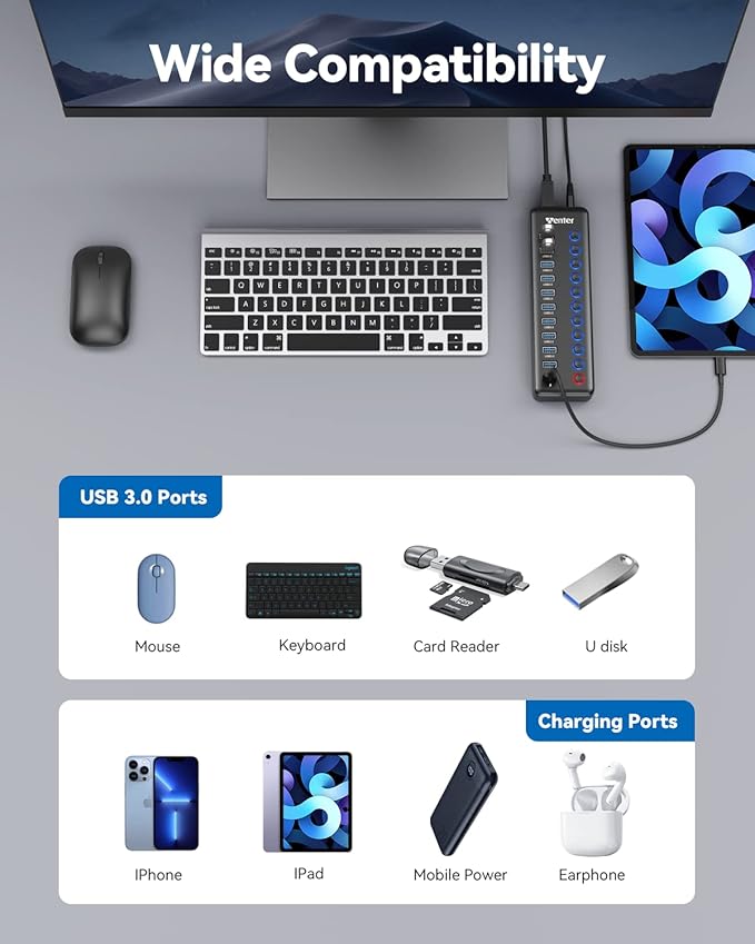 Powered USB Hub, Wenter 11-Port USB Splitter Hub - Image 7