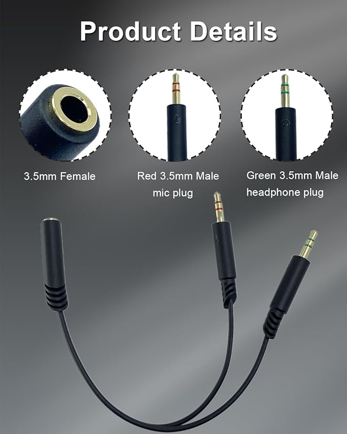 Headphone Splitter 3.5mm Female to 2 Dual 3.5mm Male Headphone Mic Audio Y - Image 3