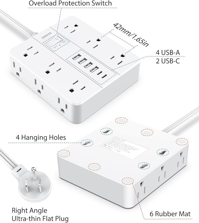 Power Strip Surge Protector 23ft Extension Cord, SMNICE Flat Plug - Image 7