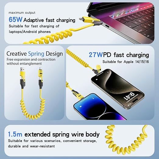 4 in 1 Spring Fast Charging Cable, 65W USB-C PD Multi Fast Charging, 1.2m/4ft - Image 3