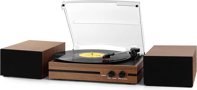 Vinyl Record Player with Dual Stereo Bookshelf Speakers Vintage Belt Drive by Mersoco