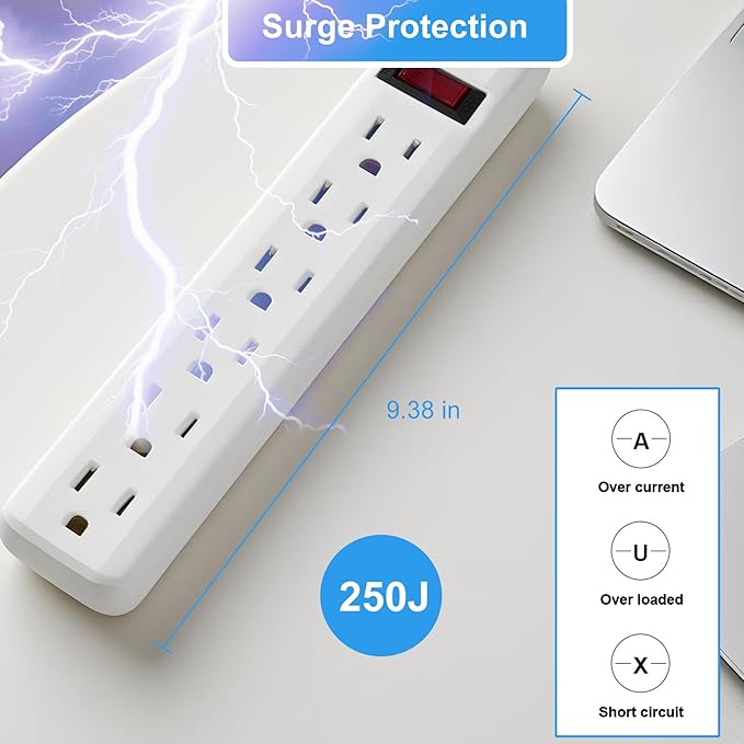 6-Outlet Surge Protector 2pk – 250 Joules, 2ft Cord, 1875W Max – Right Angle - Image 5