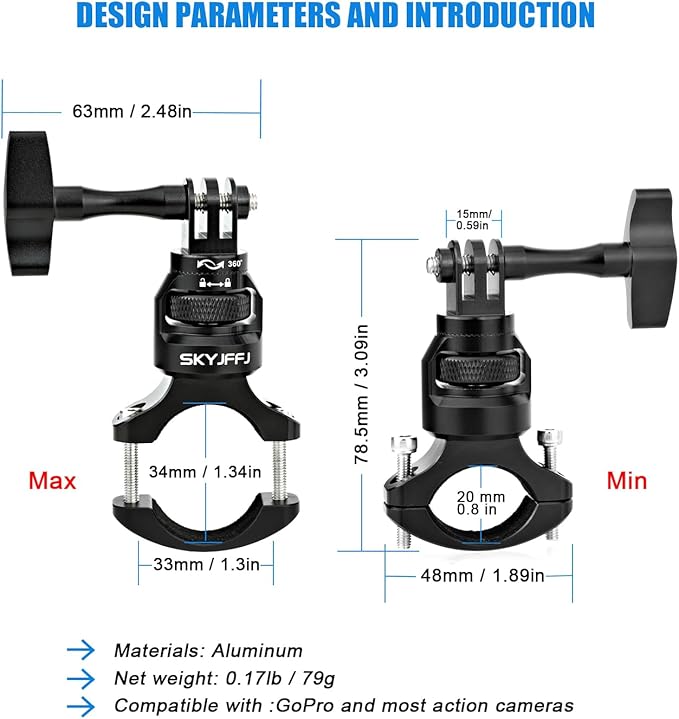 Bike Handlebar Mount for GoPro, 360 Degree Aluminium Alloy Motorbikes Round - Image 2