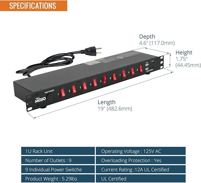 Tecmojo 9-Outlet Rack Mount Power Strip, 1U Horizontal PDU Individual Switch - Image 2