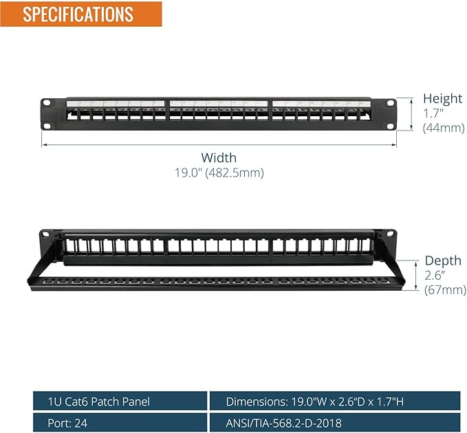 Tecmojo 24-Port Blank Keystone Patch Panel, 1U 19" Rackmount Housing - Image 2