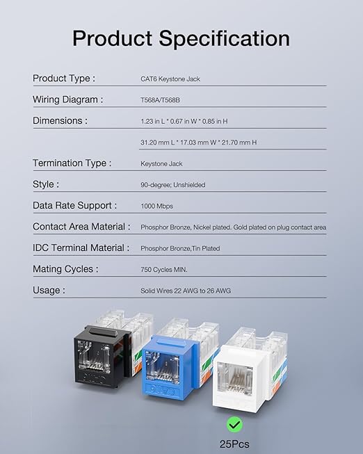 VCELINK RJ45 Cat6 Keystone Jacks, Dust-Proof Keystone Jacks, Slim Profile - Image 9