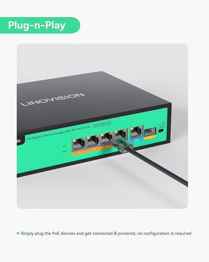 LINOVISION 4 Ports Full Gigabit PoE++ Switch, Built-in 96W Power, All 4 Ports - Image 7