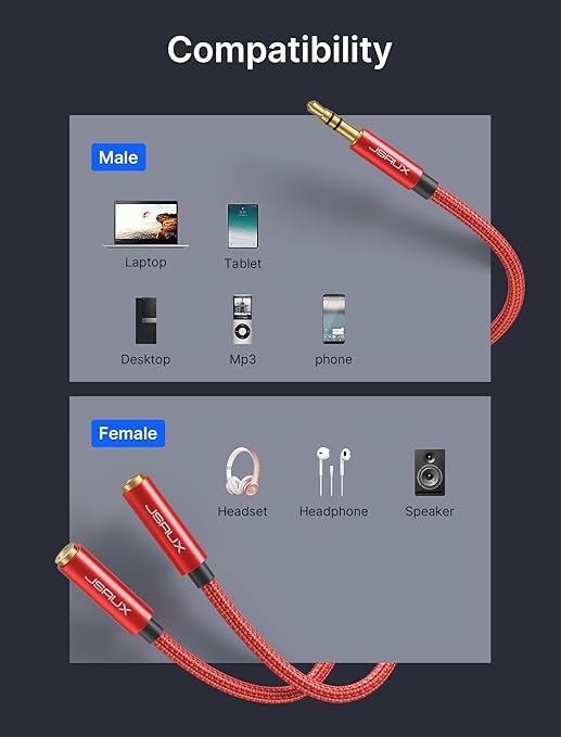 JSAUX Headphone Splitter 3.5mm, Audio Splitter 2 Female to 1 Male, Dual - Image 5