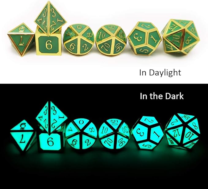 Haxtec Glow in The Dark Glowing Blue Metal Dice Set D&D W/Dragon Dice Bag 7PCS - Image 6