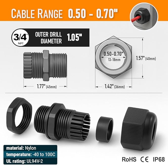 MGI SpeedWare 3/4" NPT Strain Relief Nylon Cord Grip Cable Glands - Image 6