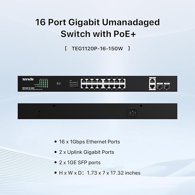 Tenda TEG1120P 16 Port 150W PoE Switch, Compatible - Image 2
