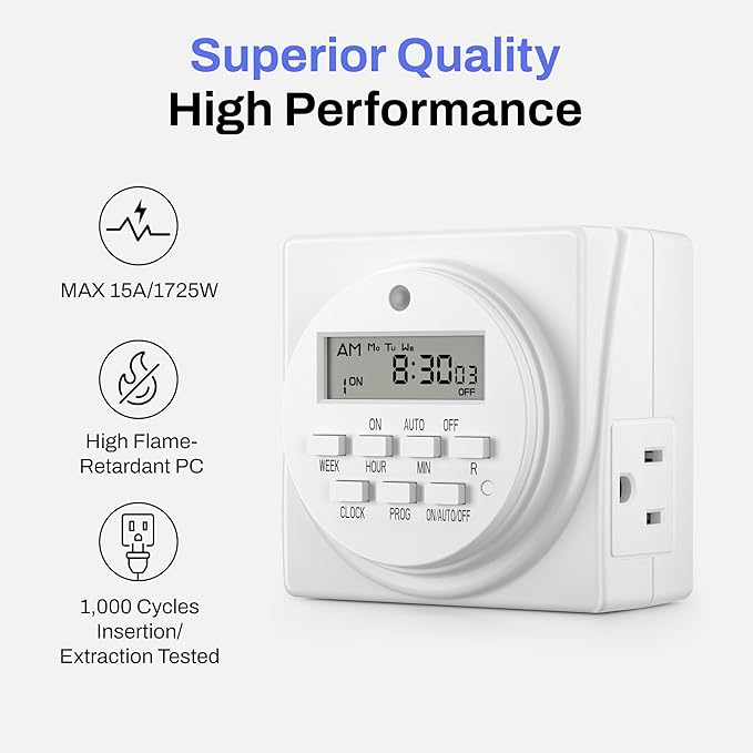 BN-LINK 7-Day Heavy Duty Digital Programmable Timer, Dual Outlet forLight - Image 4