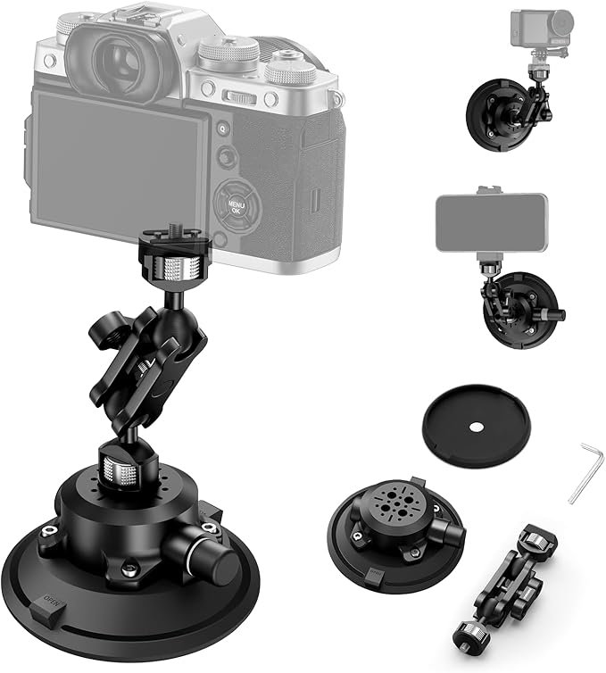 Camera Suction Cup Mount with Ball Head Magic Arm, 4.5" Metal Vacuum Suction by CAMEDAFLX