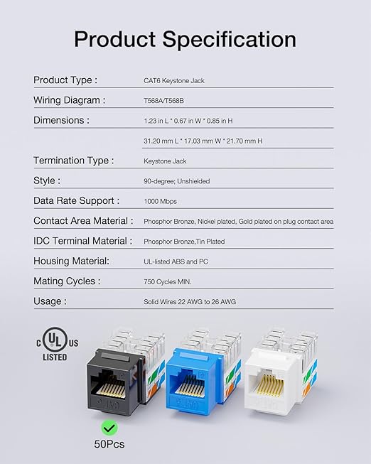 VCE RJ45 Cat6 Keystone Jacks UL Listed 50-Pack, UTP Ethernet Keystone Jacks - Image 9