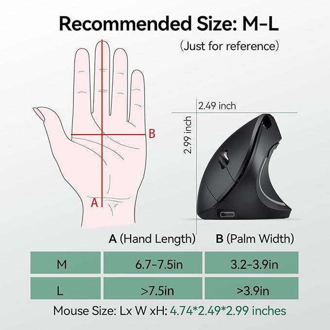 TECKNET Ergonomic Mouse, Rechargeable Vertical Ergo Mouse Wireless 800-4800 - Image 7