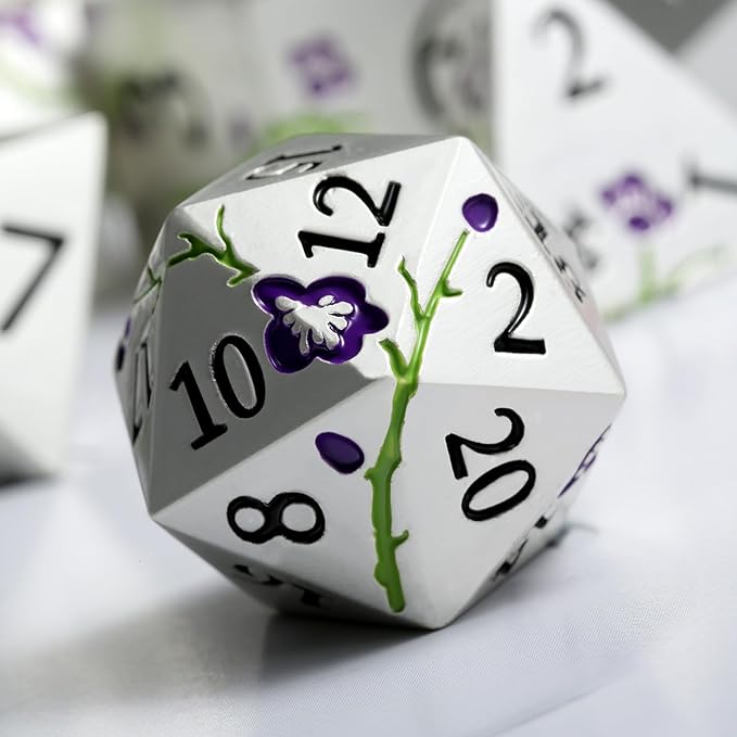 Flower Silver Metal Dice, DNDND 7 PCS Heavy Metallic D&D Dice Set - Image 2