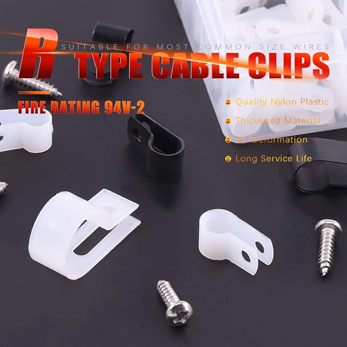Hilitchi 132 Pcs 6 Sizes Black and White Plastic Cable Clamp R Type Screw - Image 5