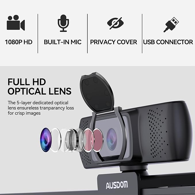 AUSDOM AF640 1080P Webcam with Microphone, 90°FOV USB PC Camera Webcam with - Image 4