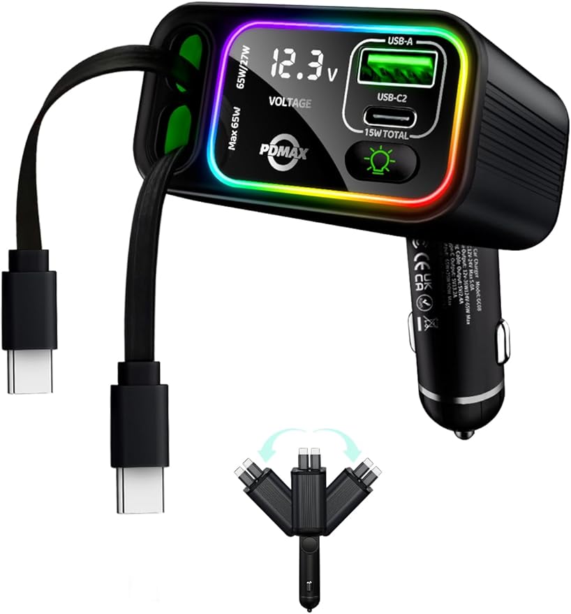 Retractable Car Charger USB C, 145W Type C Car Charger Fast Charging by PowerDeliveryMaximum