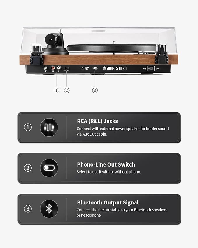 ANGELS HORN Turntable, Vinyl Record Player, Built-in Phono Preamp, Belt Drive - Image 5