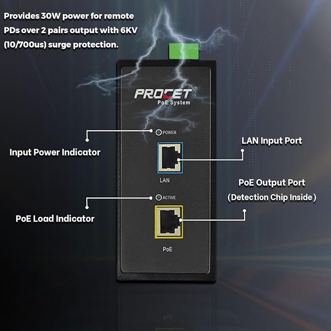 PROCET Gigabit PoE+ Injector Din Rail, 30W Industrial PoE Adapter - Image 3