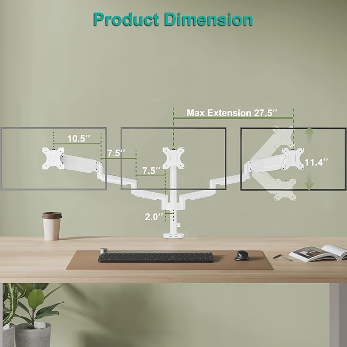 WALI White Triple Monitor Mount, 3 Monitor Desk Mount - Image 4