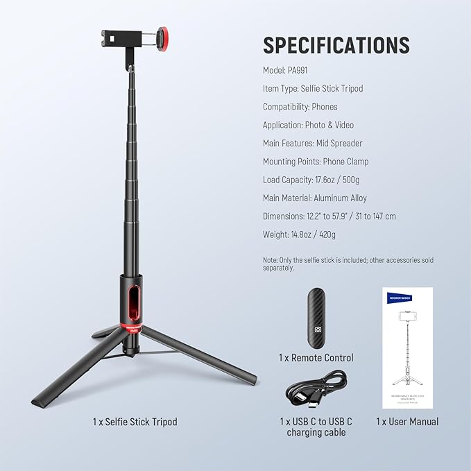 NEEWER Basics PA991 Selfie Stick Tripod Compatible - Image 8