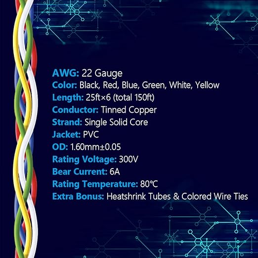 Fermerry 22 AWG Solid Core Wire Spool 25ft Each 6 Colors Flexible 22 Gauge Hook - Image 2