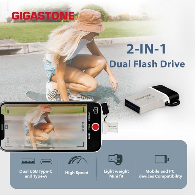 GIGASTONE 128GB Nano Luxus Dual Drive, Z50 USB 3.2 Gen 1, 2-in-1 USB-A & Type-C - Image 4