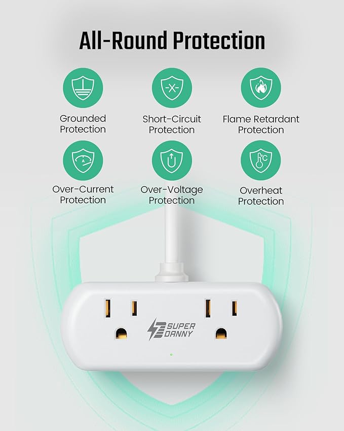 Power Strip with USB, SUPERDANNY Mini Surge Protector with 2 Wide-Spaced Outlets - Image 7