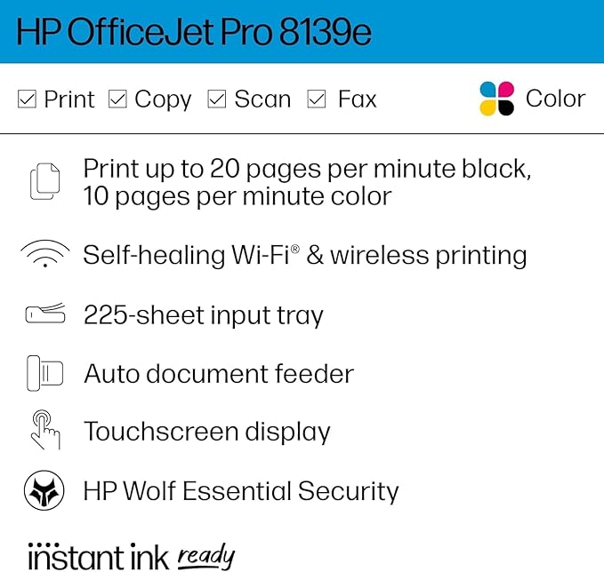 HP OfficeJet Pro 8139e Wireless All-in-One Color Inkjet Printer, Duplex - Image 9