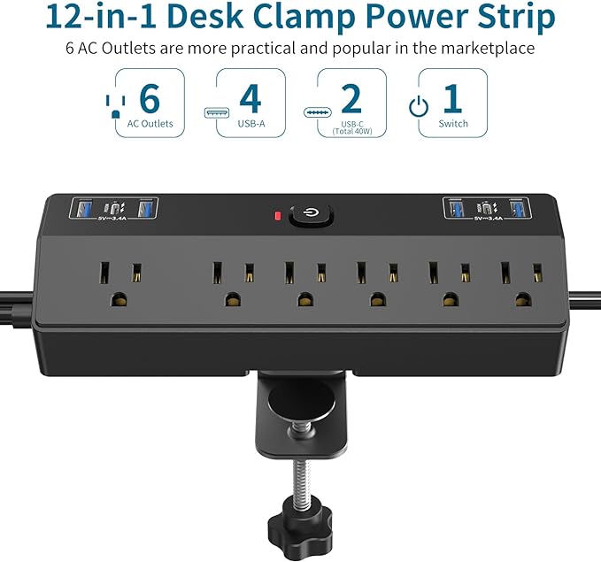 Desk Clamp Power Strip with 40W Fast Charging Station, JXGUCAT 10ft Flat Plug - Image 2