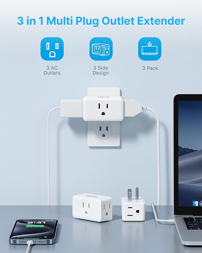 Multi Plug Outlet Extender, VINTAR 3 Outlet Adapter, Grounded Wall Tap Adapter - Image 2