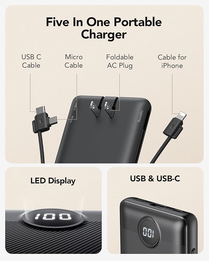 VRURC Portable Charger Built-in Cables and AC Wall Plug, USB C Power Bank - Image 2