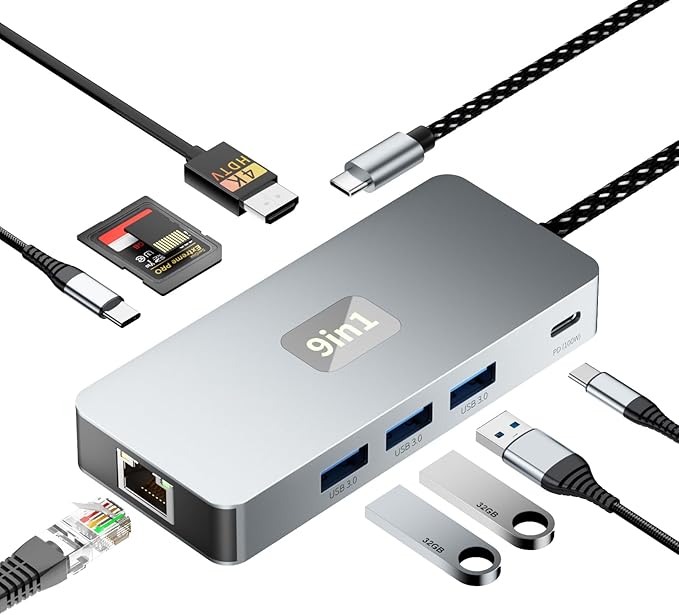 USB C Hub, 9 in 1 USB C to 4K@60HZ HDMI Multiport Adapter, RJ45 Gigabit Ethernet by Aplimln