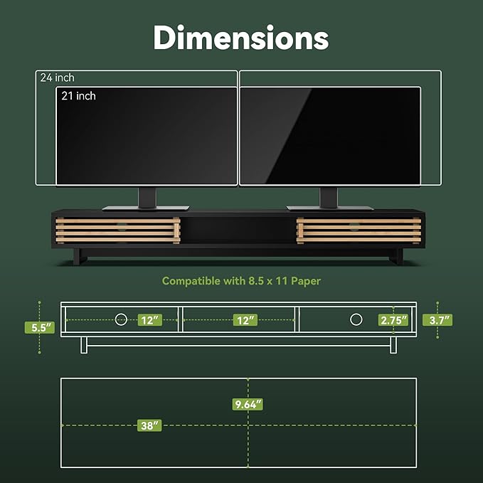 Dual Monitor Stand Riser with Sliding Door, Double Computer Laptop Stand Desk - Image 5