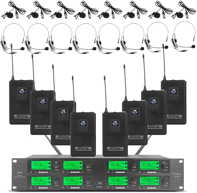 WENWEN Wireless Microphone System UHF 8 Channel 8 Lavalier Bodypacks 8 Lapel by WENWEN
