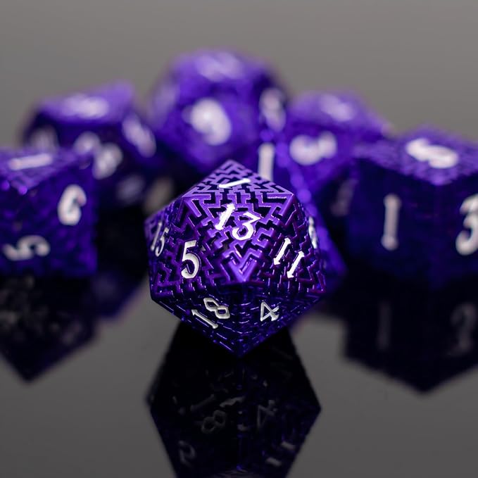 Purple Metal Hollow DND Dice Set Metallic Luster Maze Design - Image 4