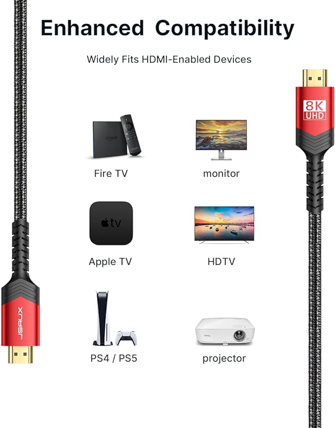 JSAUX 8K HDMI Cable 2 Pack 3ft, 48Gbps High Speed HDMI 2.1 Braided HDMI Cord - Image 6
