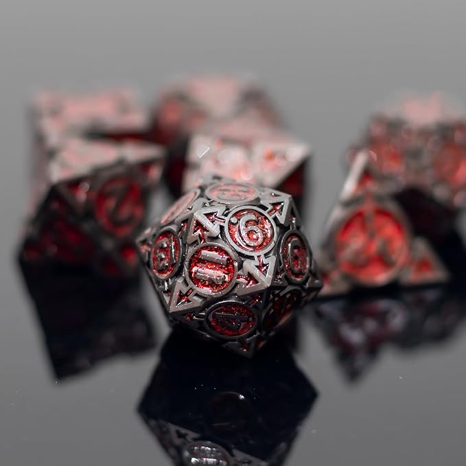 Red Black Nickel Finish Heavy Metal DND Dice Set - Image 6