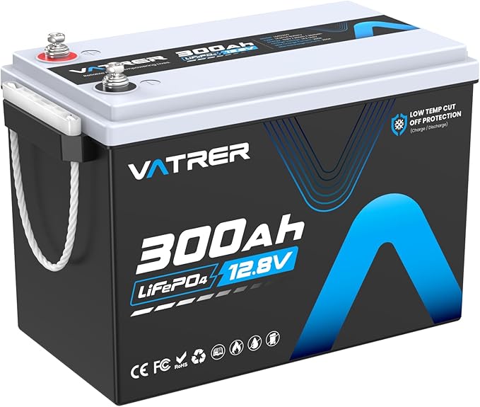 12V 300AH Low Temp Cutoff LiFePO4 Battery, Built in 200A BMS, Max 2560W Power by VATRERPOWER