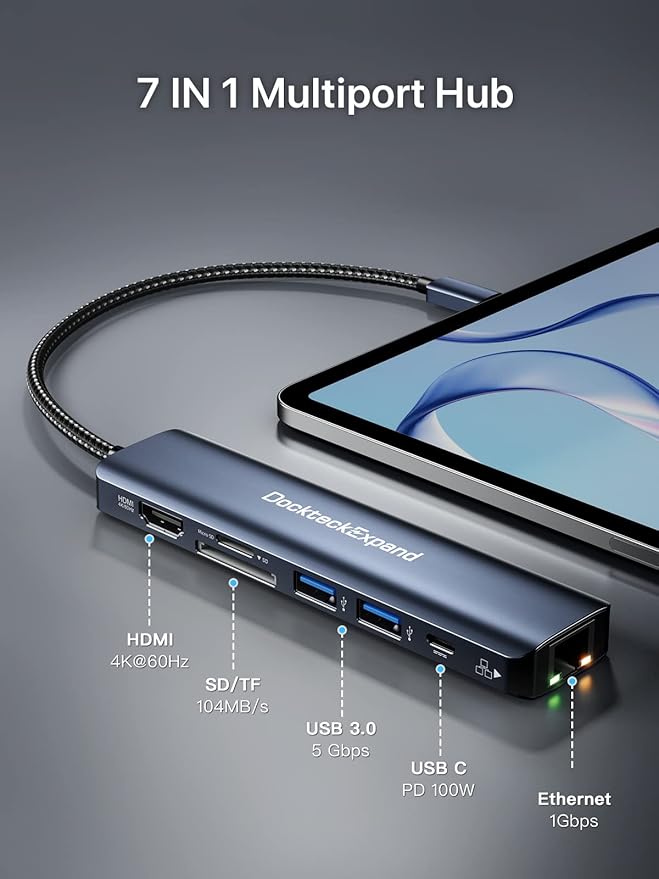 USB C Hub Ethernet, DockteckExpand 7-in-1 Multiport Adapter Type C to 4K@60Hz - Image 2