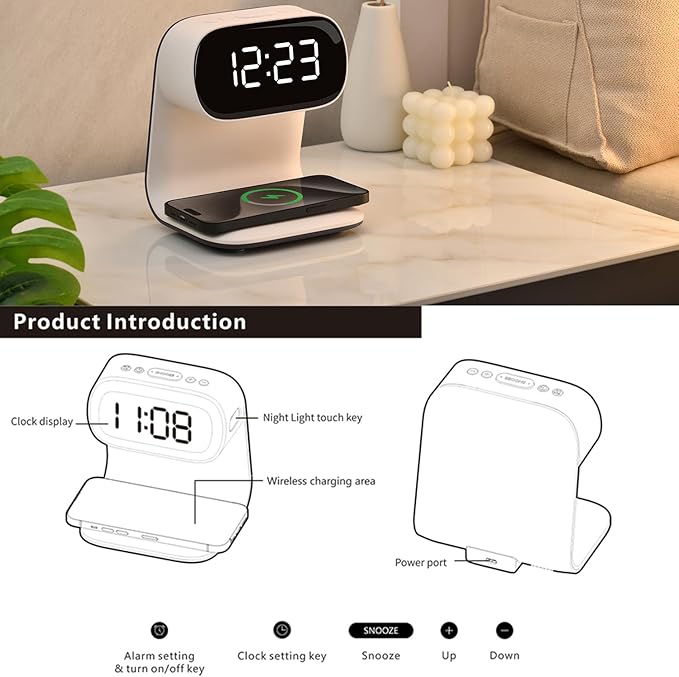 Digital Alarm Clock with Wireless Fast Charging Station 15W Touch Smart Lamp - Image 7