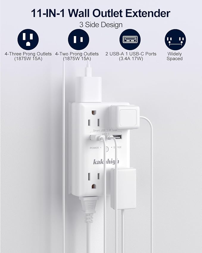 Wall Outlet Extender with Screw, 8 Way Outlets with 1680J Surge Protected - Image 2