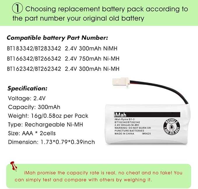 iMah BT162342/BT262342 2.4V 300mAh Ni-MH Cordless Phone Batteries Compatible - Image 3