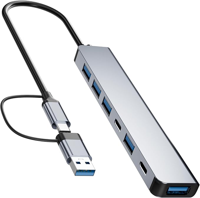Aluminum 7 in 1 USB C Hub with USB 3.0, 7 Ports with 2* USB-C and 5* USB-A by FAWETTY