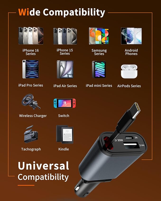 Retractable Car Charger, 3 in 1 Fast Car Phone Charger 50W, 1 TypeC Retractable - Image 5