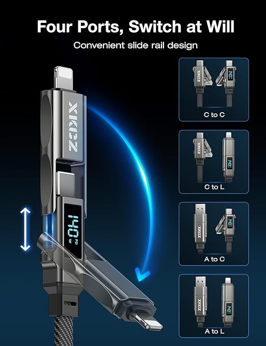 4 in 1 USB C Cable with Wattage Display, 140W Flat Nylon Braided Multi Charge - Image 2